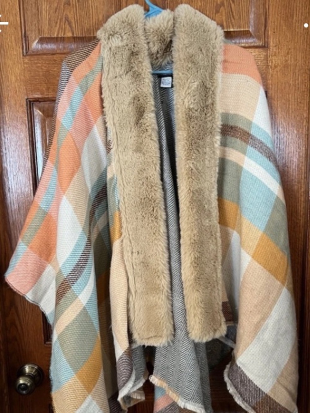Anthropologie Plaid Wrap/Poncho  with Faux-Fur Trim in Cream, Blue & Orange